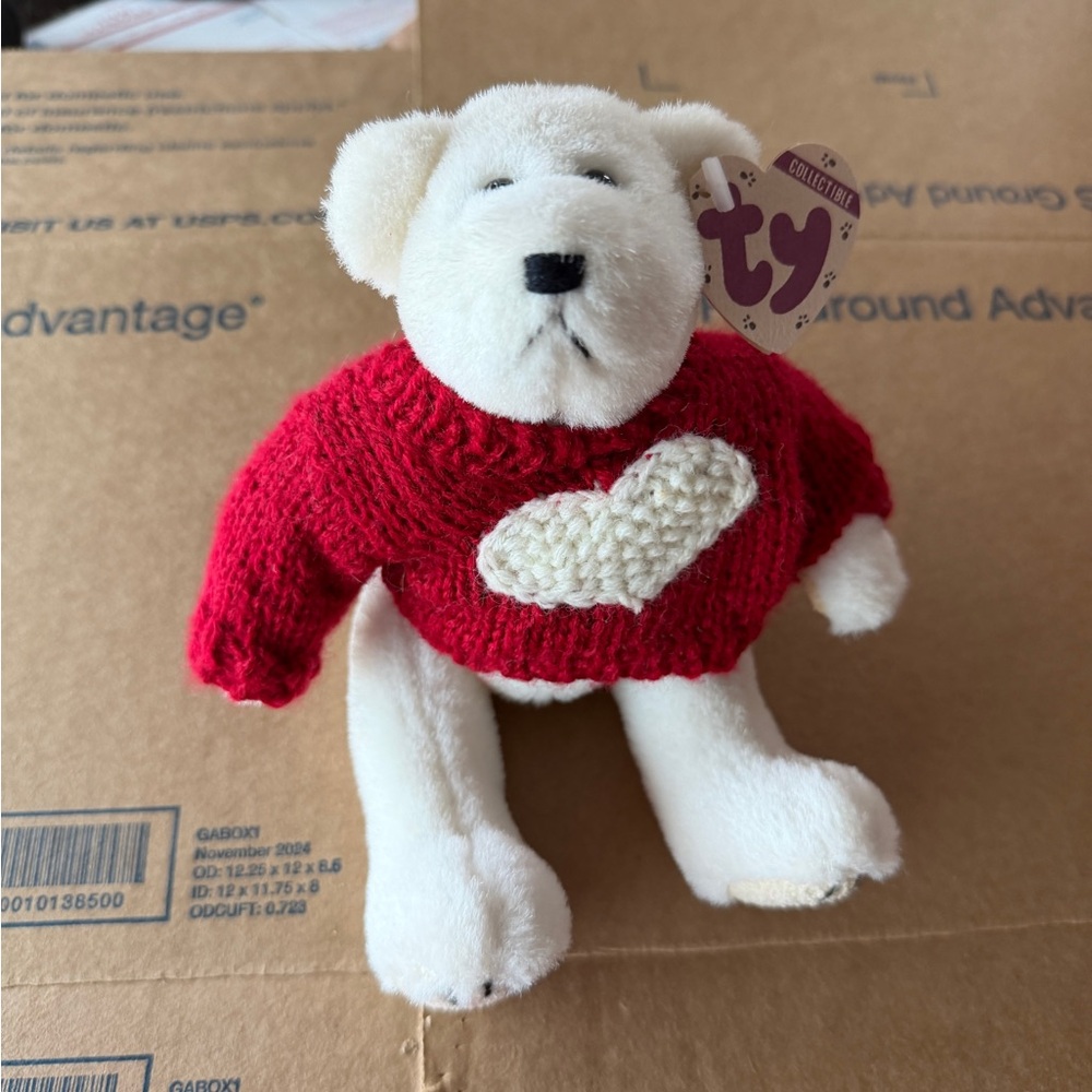 Vintage Ty Beanie Baby White Bear with Red Heart Sweater